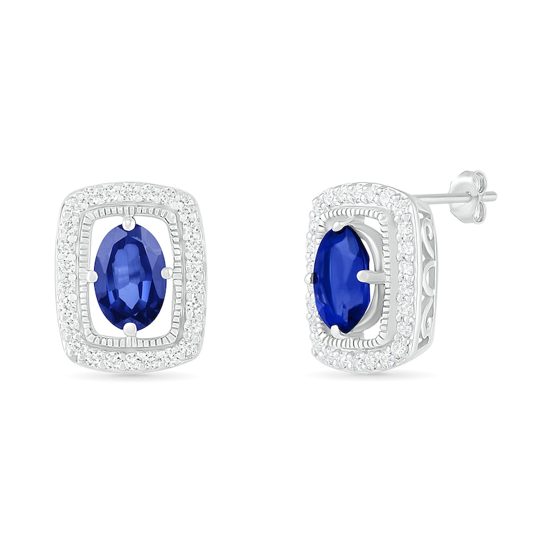 Oval Blue and White Lab-Created Sapphire Open Cushion Frame Vintage-Style Stud Earrings in Sterling Silver