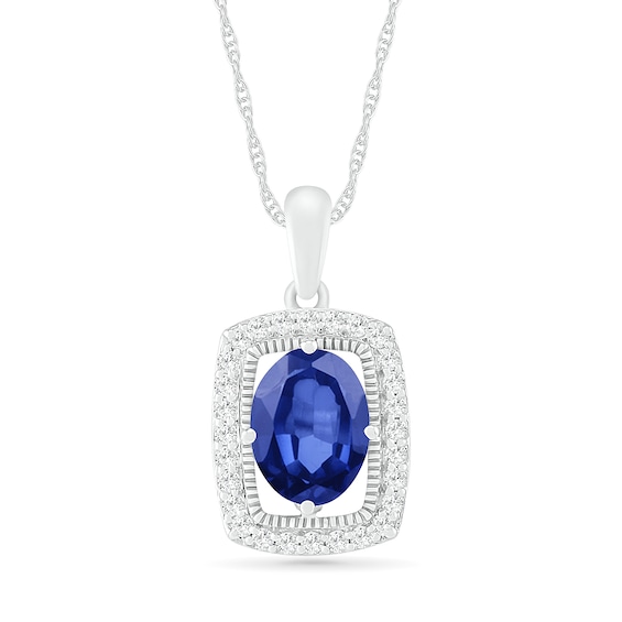 Oval Blue and White Lab-Created Sapphire Open Cushion Frame Vintage-Style Pendant in Sterling Silver