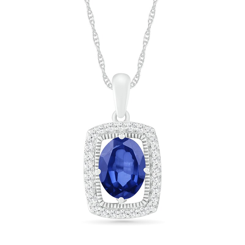 Oval Blue and White Lab-Created Sapphire Open Cushion Frame Vintage-Style Pendant in Sterling Silver