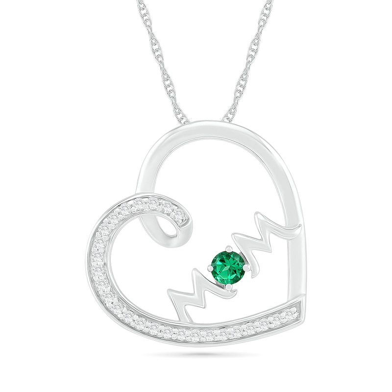 3.0mm Lab-Created Emerald and White Sapphire "MOM" Tilted Loop Heart Pendant in Sterling Silver