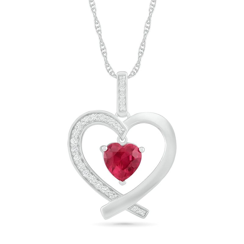 7.0mm Lab-Created Ruby and White Sapphire Ribbon Heart Pendant in Sterling Silver|Peoples Jewellers