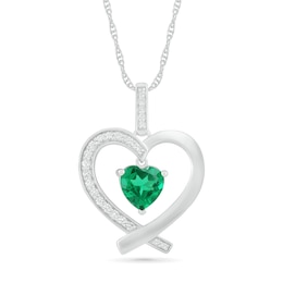 7.0mm Lab-Created Emerald and White Sapphire Ribbon Heart Pendant in Sterling Silver