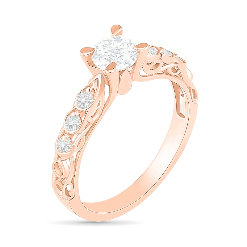 5.0mm White Lab-Created Sapphire and Diamond Accent Layered Scallop Shank Vintage-Style Ring in 10K Rose Gold