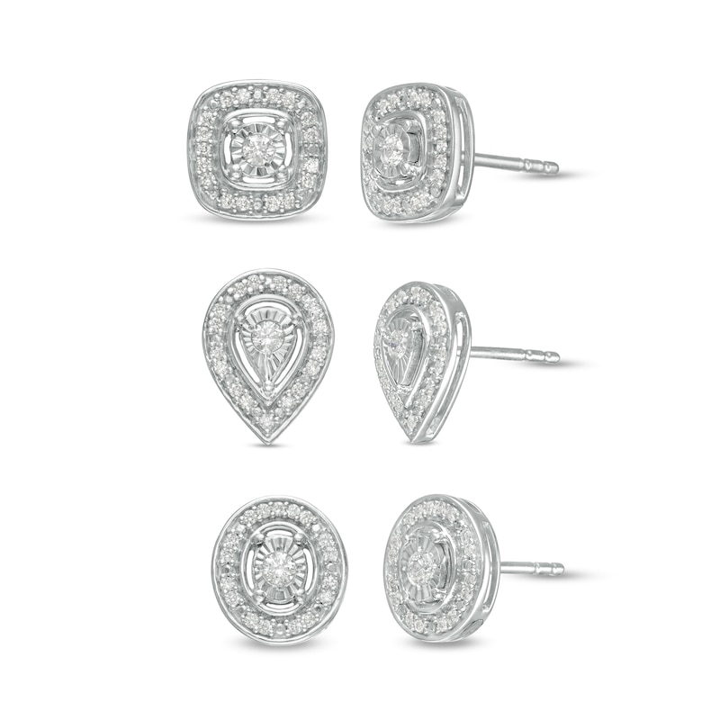 0.48 CT. T.W. Diamond Pear-Shaped, Oval and Cushion Frame Stud Earrings Three Pair Set in Sterling Silver