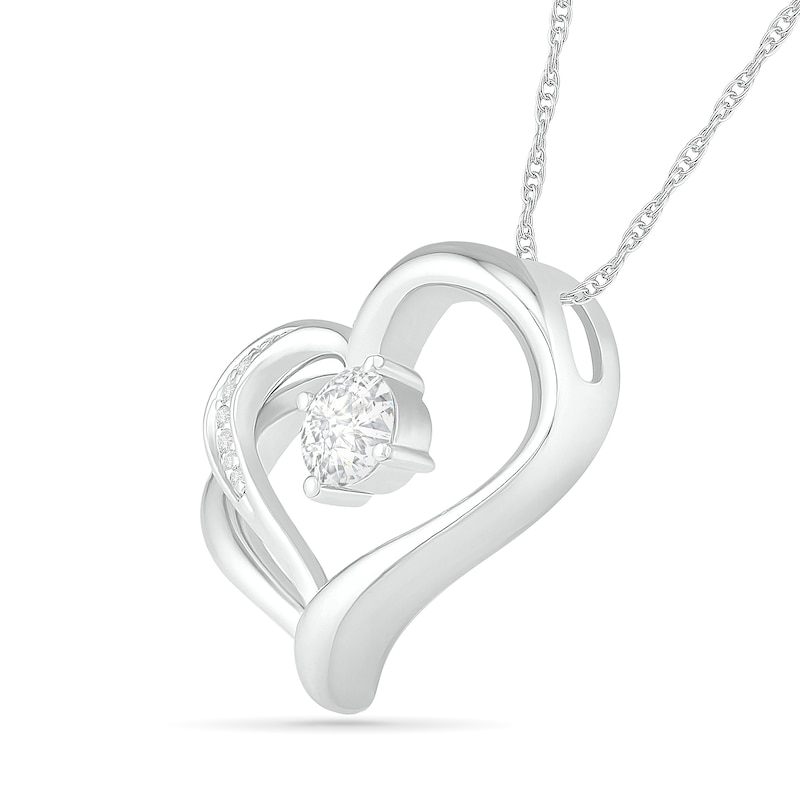 5.0mm White Lab-Created Sapphire and 0.04 CT. T.W. Diamond Double Side Tilted Heart Pendant in Sterling Silver