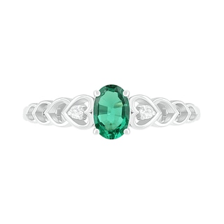 Oval Lab-Created Emerald and Diamond Accent Heart-Sides Trio Ring in Sterling Silver