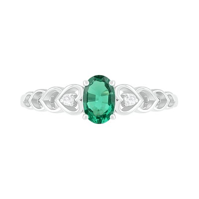 Oval Lab-Created Emerald and Diamond Accent Heart-Sides Trio Ring in Sterling Silver
