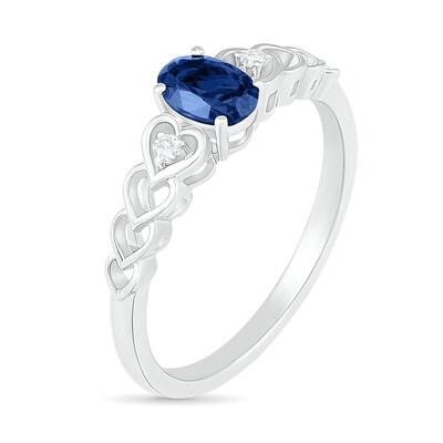 Oval Lab-Created Sapphire and Diamond Accent Heart-Sides Trio Ring in Sterling Silver