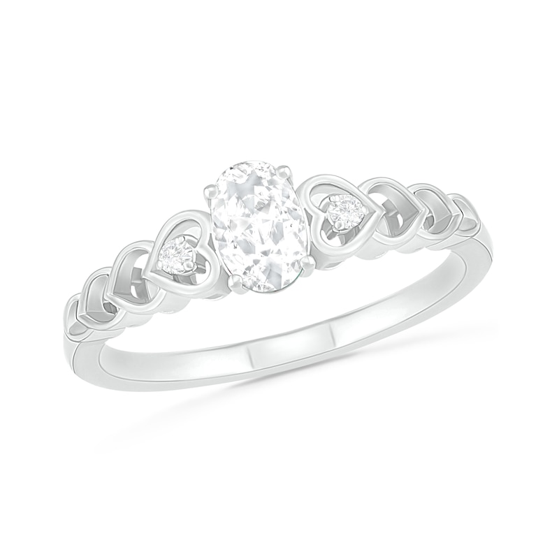 Oval Lab-Created White Sapphire and Diamond Accent Heart-Sides Trio Ring in Sterling Silver