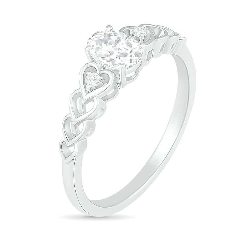 Oval Lab-Created White Sapphire and Diamond Accent Heart-Sides Trio Ring in Sterling Silver