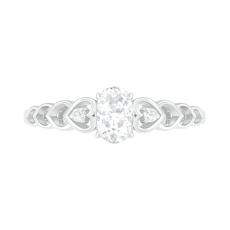 Oval Lab-Created White Sapphire and Diamond Accent Heart-Sides Trio Ring in Sterling Silver