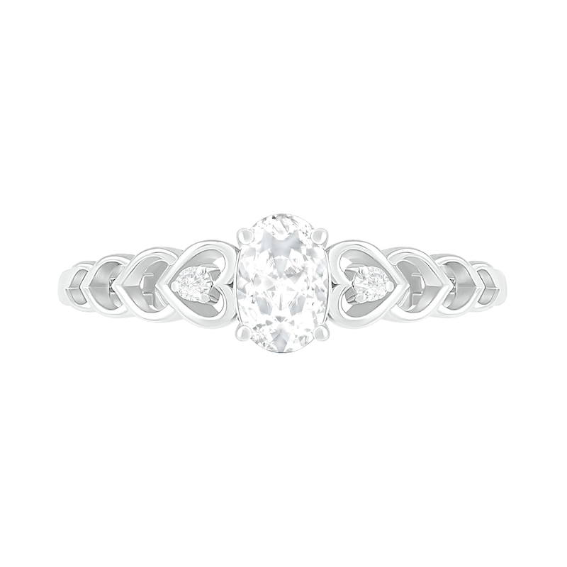 Main Image 3 of Oval Lab-Created White Sapphire and Diamond Accent Heart-Sides Trio Ring in Sterling Silver