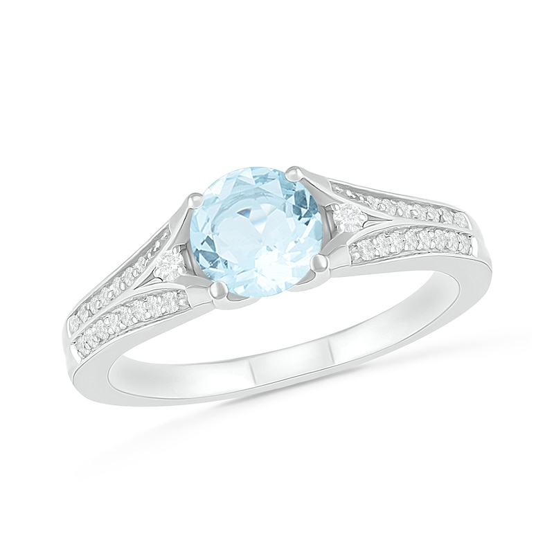 6.0mm Aquamarine and Lab-Created White Sapphire Split Shank Ring in Sterling Silver