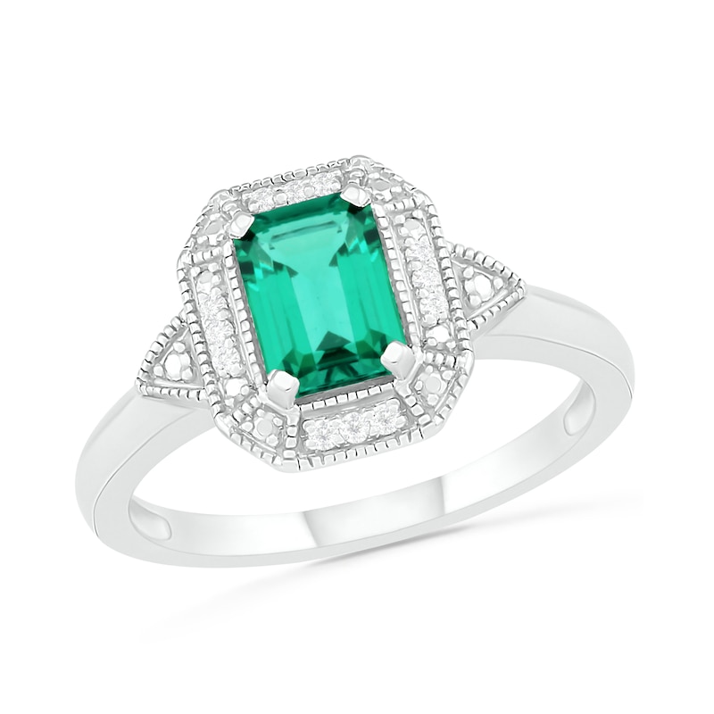 Emerald-Cut Lab-Created Emerald and 0.04 CT. T.W. Diamond Octagonal Frame Art Deco Vintage-Style Ring in Sterling Silver