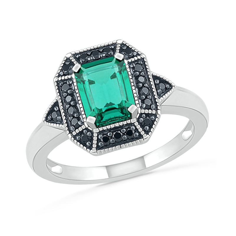Main Image 1 of Emerald-Cut Lab-Created Emerald and 0.146 CT. T.W. Black Diamond Frame Vintage-Style Ring in Sterling Silver