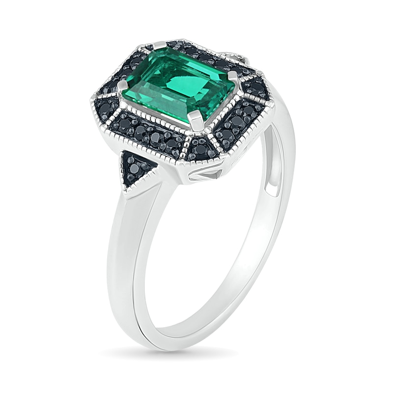 Emerald-Cut Lab-Created Emerald and 0.146 CT. T.W. Black Diamond Frame Vintage-Style Ring in Sterling Silver