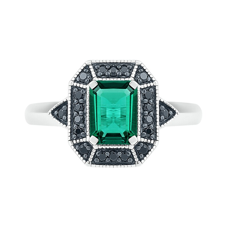 Emerald-Cut Lab-Created Emerald and 0.146 CT. T.W. Black Diamond Frame Vintage-Style Ring in Sterling Silver