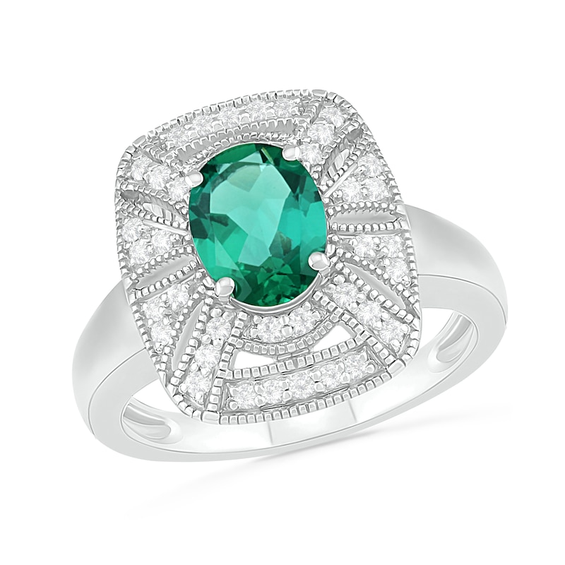 Oval Lab-Created Emerald and White Sapphire Cushion Frame Art Deco Vintage-Style Ring in Sterling Silver