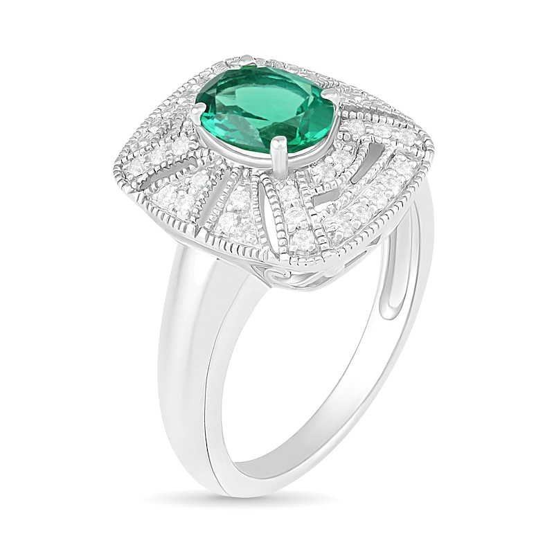 Oval Lab-Created Emerald and White Sapphire Cushion Frame Art Deco Vintage-Style Ring in Sterling Silver