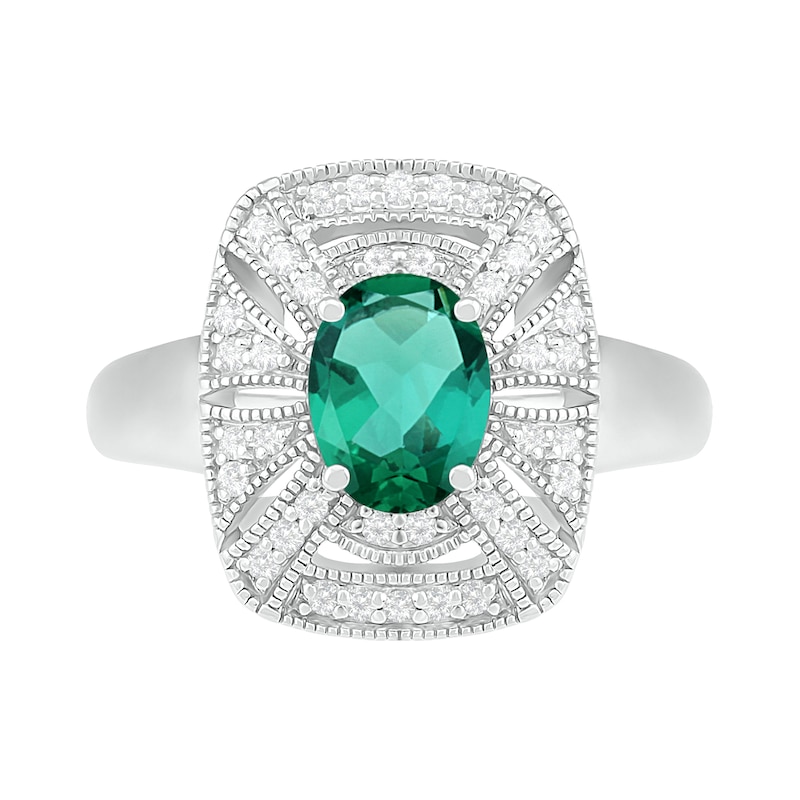 Oval Lab-Created Emerald and White Sapphire Cushion Frame Art Deco Vintage-Style Ring in Sterling Silver