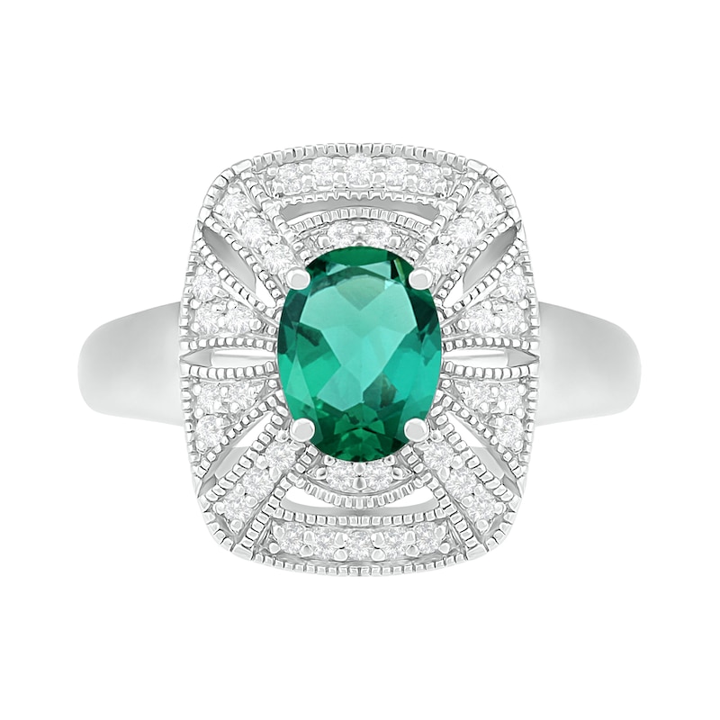 Main Image 3 of Oval Lab-Created Emerald and White Sapphire Cushion Frame Art Deco Vintage-Style Ring in Sterling Silver