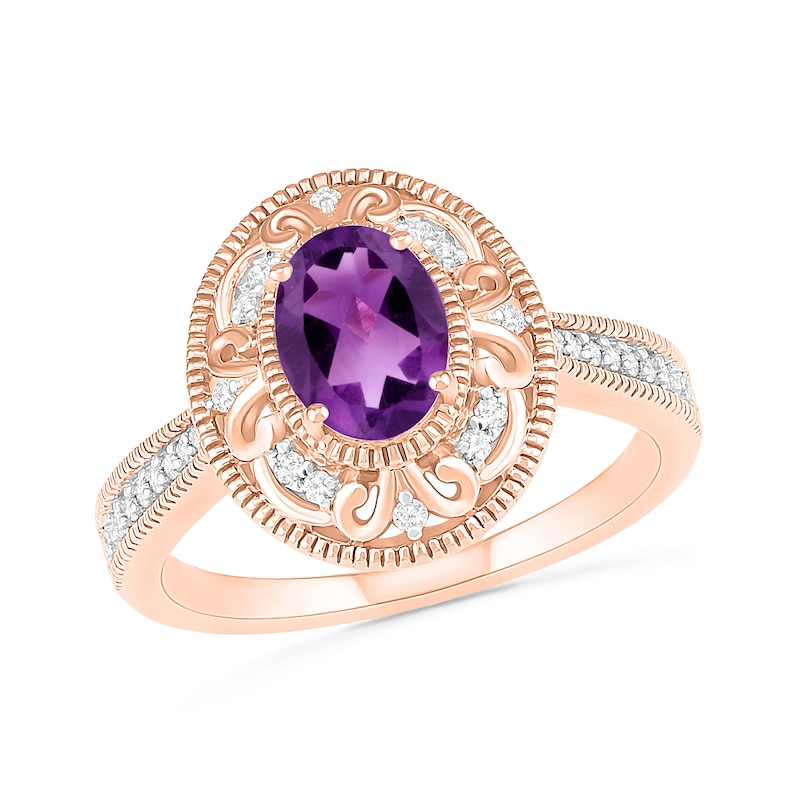 Oval Amethyst and 0.115 CT. T.W. Diamond Scroll Frame Tapered Shank Vintage-Style Ring in 10K Rose Gold