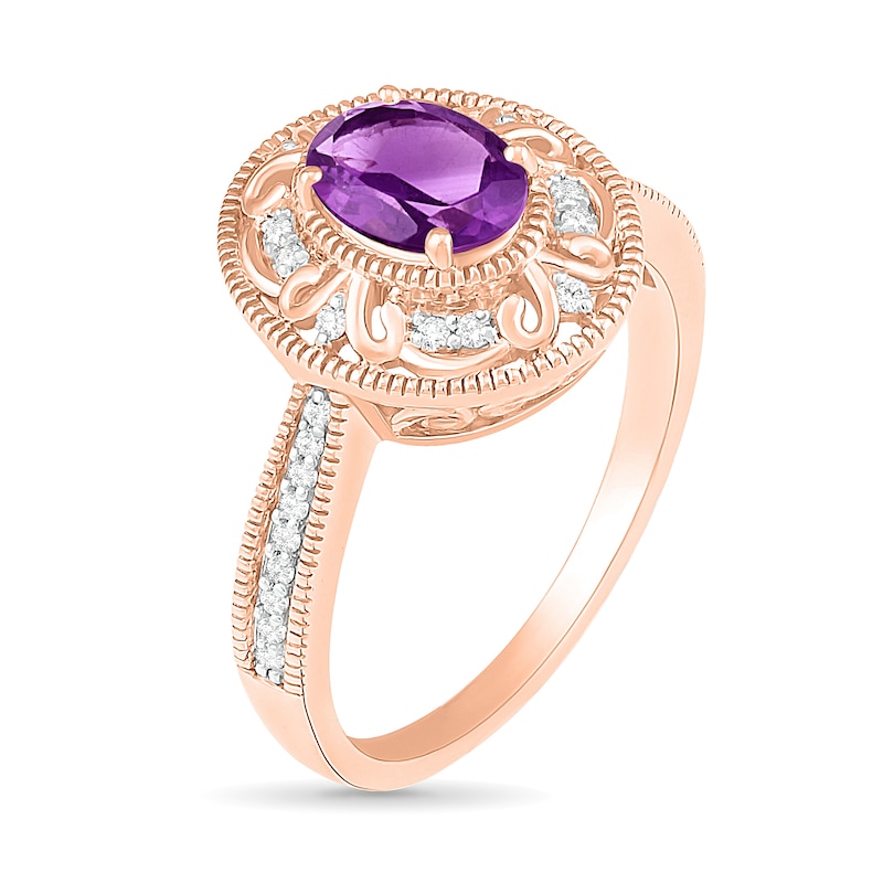 Oval Amethyst and 0.115 CT. T.W. Diamond Scroll Frame Tapered Shank Vintage-Style Ring in 10K Rose Gold