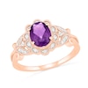 Thumbnail Image 0 of Oval Amethyst and 0.085 CT. T.W. Diamond Scallop Frame Leaf-Sides Vintage-Style Flower Ring in 10K Rose Gold
