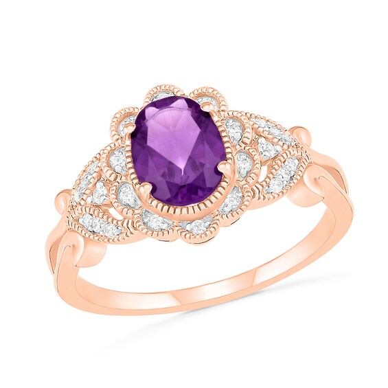Oval Amethyst and 0.085 CT. T.W. Diamond Scallop Frame Leaf-Sides Vintage-Style Flower Ring in 10K Rose Gold