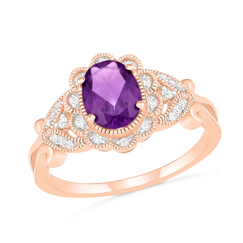 Oval Amethyst and 0.085 CT. T.W. Diamond Scallop Frame Leaf-Sides Vintage-Style Flower Ring in 10K Rose Gold