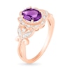 Thumbnail Image 1 of Oval Amethyst and 0.085 CT. T.W. Diamond Scallop Frame Leaf-Sides Vintage-Style Flower Ring in 10K Rose Gold