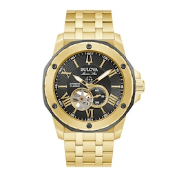 Men's Exclusive Bulova Marine Star Two-Tone Watch with Black Skeleton Dial (Model: 98A273)