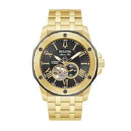 Men's Exclusive Bulova Marine Star Two-Tone Watch with Black Skeleton Dial (Model: 98A273)