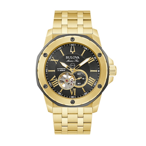 Men's Exclusive Bulova Marine Star Two-Tone Watch with Black Skeleton Dial (Model: 98A273)