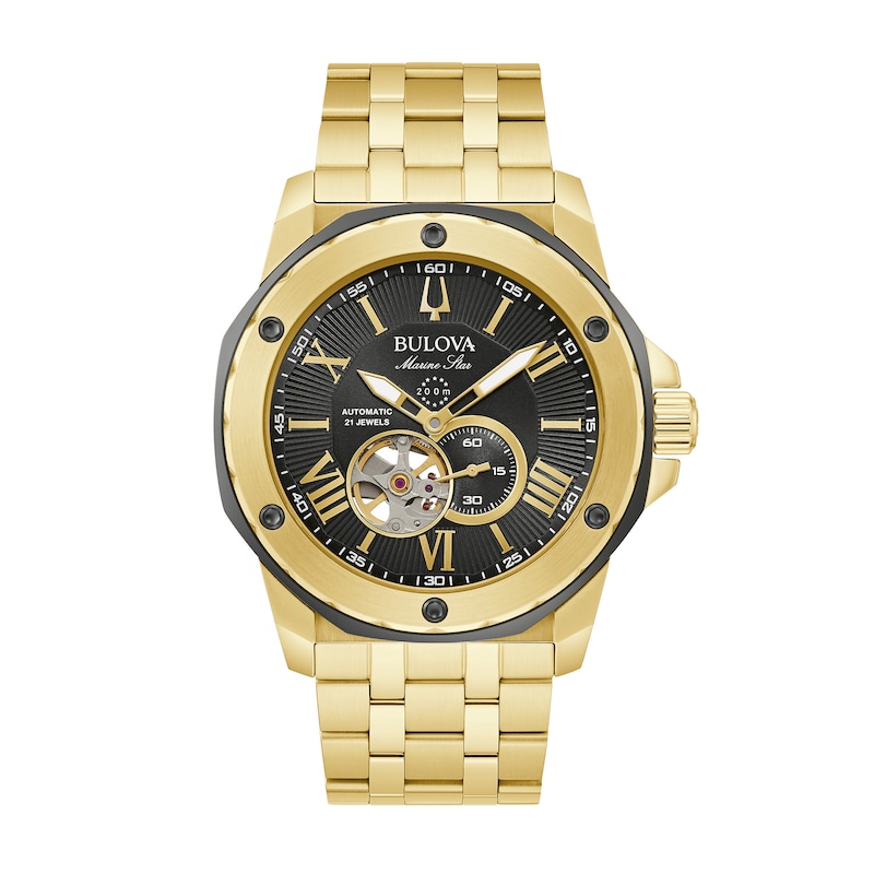 Men's Exclusive Bulova Marine Star Two-Tone Watch with Black Skeleton Dial (Model: 98A273)|Peoples Jewellers