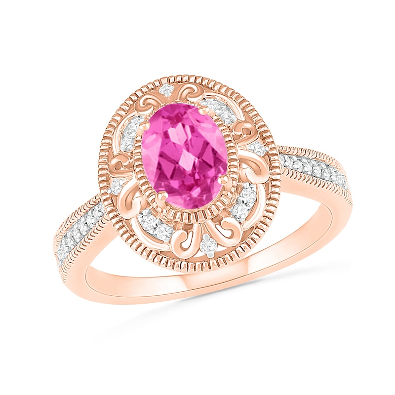 Oval Lab-Created Pink Sapphire and 0.115 CT. T.W. Diamond Scroll Frame Tapered Shank Vintage-Style Ring in 10K Rose Gold