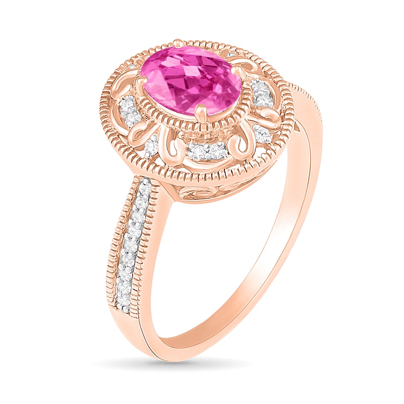 Oval Lab-Created Pink Sapphire and 0.115 CT. T.W. Diamond Scroll Frame Tapered Shank Vintage-Style Ring in 10K Rose Gold