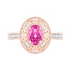 Thumbnail Image 2 of Oval Lab-Created Pink Sapphire and 0.115 CT. T.W. Diamond Scroll Frame Tapered Shank Vintage-Style Ring in 10K Rose Gold