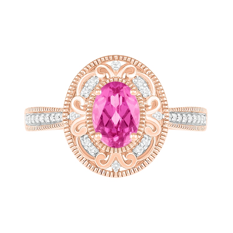 Oval Lab-Created Pink Sapphire and 0.115 CT. T.W. Diamond Scroll Frame Tapered Shank Vintage-Style Ring in 10K Rose Gold