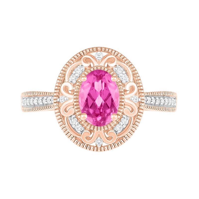 Oval Lab-Created Pink Sapphire and 0.115 CT. T.W. Diamond Scroll Frame Tapered Shank Vintage-Style Ring in 10K Rose Gold