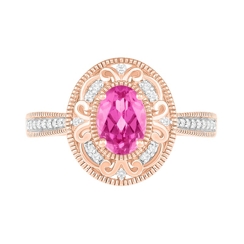 Oval Lab-Created Pink Sapphire and 0.115 CT. T.W. Diamond Scroll Frame Tapered Shank Vintage-Style Ring in 10K Rose Gold