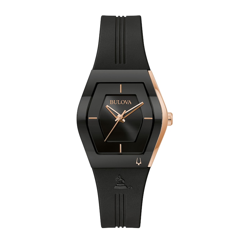 Ladies' Special Edition Bulova Modern Latin GRAMMY® Gemini Two-Tone Strap Watch with Tonneau Black Dial (Model: 97L163)