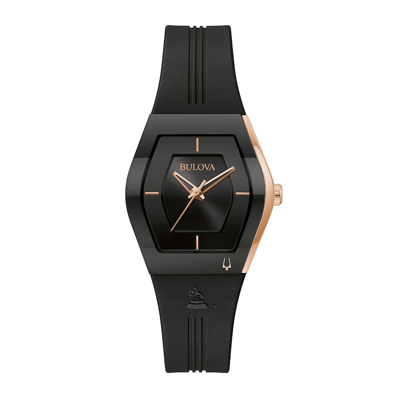 Ladies' Special Edition Bulova Modern Latin GRAMMY® Gemini Two-Tone Strap Watch with Tonneau Black Dial (Model: 97L163)|Peoples Jewellers