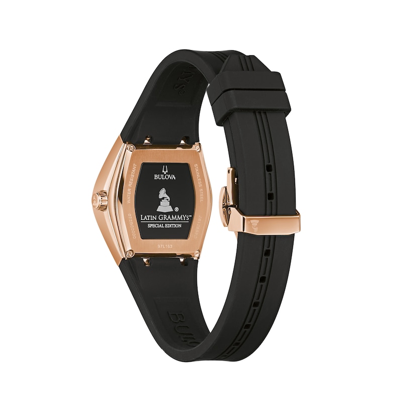 Ladies' Special Edition Bulova Modern Latin GRAMMY® Gemini Two-Tone Strap Watch with Tonneau Black Dial (Model: 97L163)