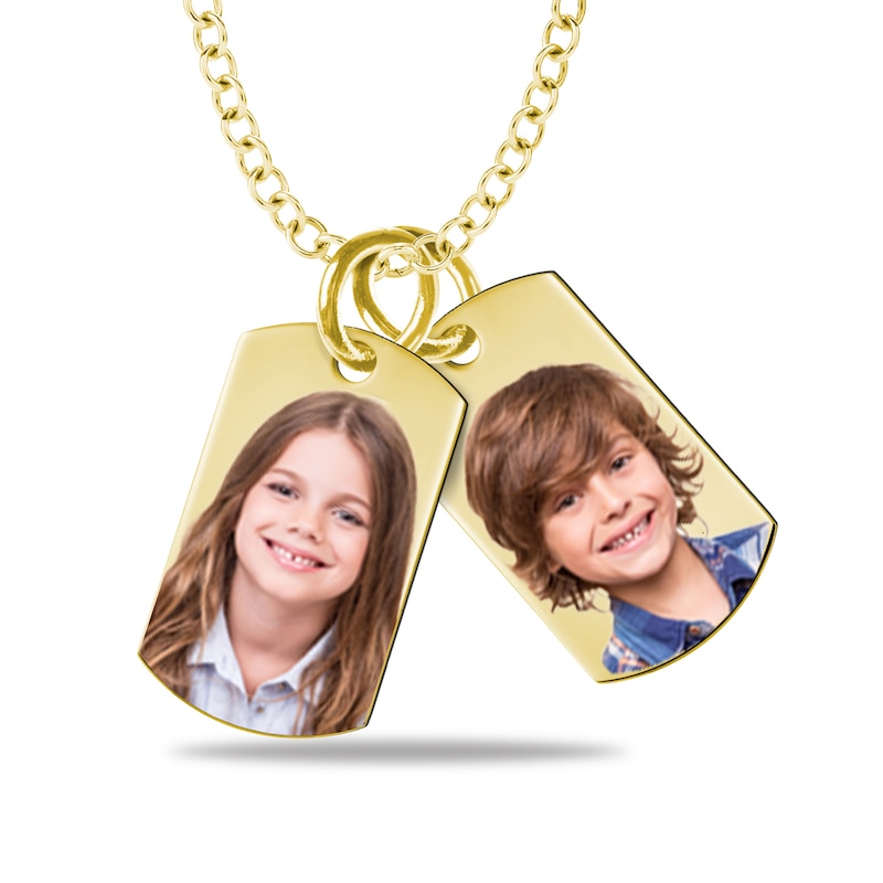 Small Engravable Photo Dog Tag Duo Pendant in 10K White, Yellow or Rose Gold (2 Images and 2 Lines)