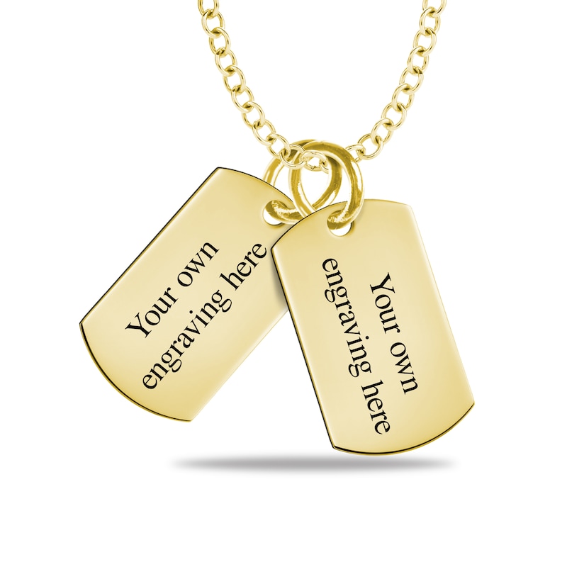 Small Engravable Photo Dog Tag Duo Pendant in 10K White, Yellow or Rose Gold (2 Images and 2 Lines)