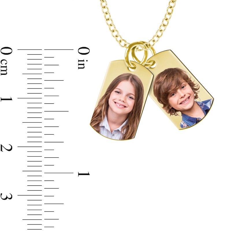 Small Engravable Photo Dog Tag Duo Pendant in 10K White, Yellow or Rose Gold (2 Images and 2 Lines)