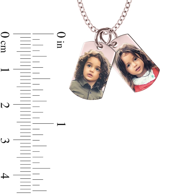 Small Engravable Photo Dog Tag Duo Pendant in 10K White, Yellow or Rose Gold (2 Images and 2 Lines)