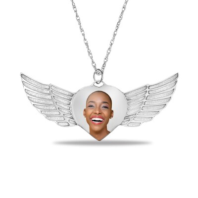 Engravable Photo Heart with Angel Wings Pendant in Sterling Silver (1 Image and 3 Lines)