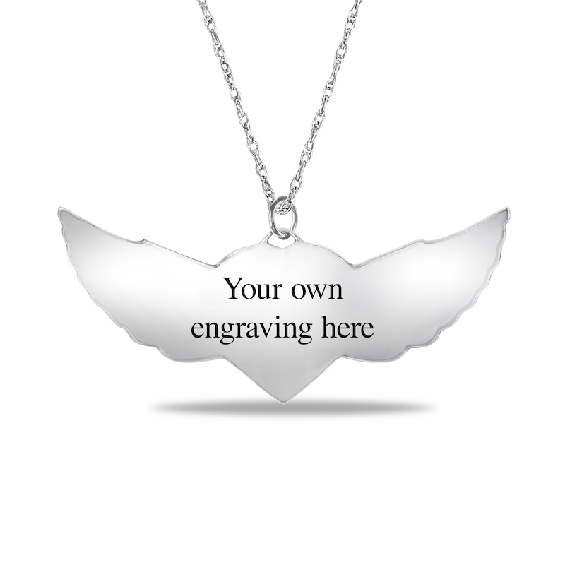 Engravable Photo Heart with Angel Wings Pendant in Sterling Silver (1 Image and 3 Lines)